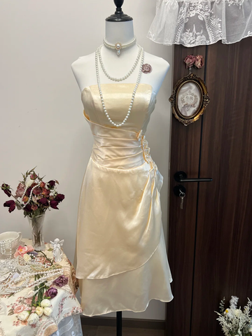 Simple A Line Strapless Flower Champagne Satin Short Homecoming Dress Cocktail Dress HZ1023